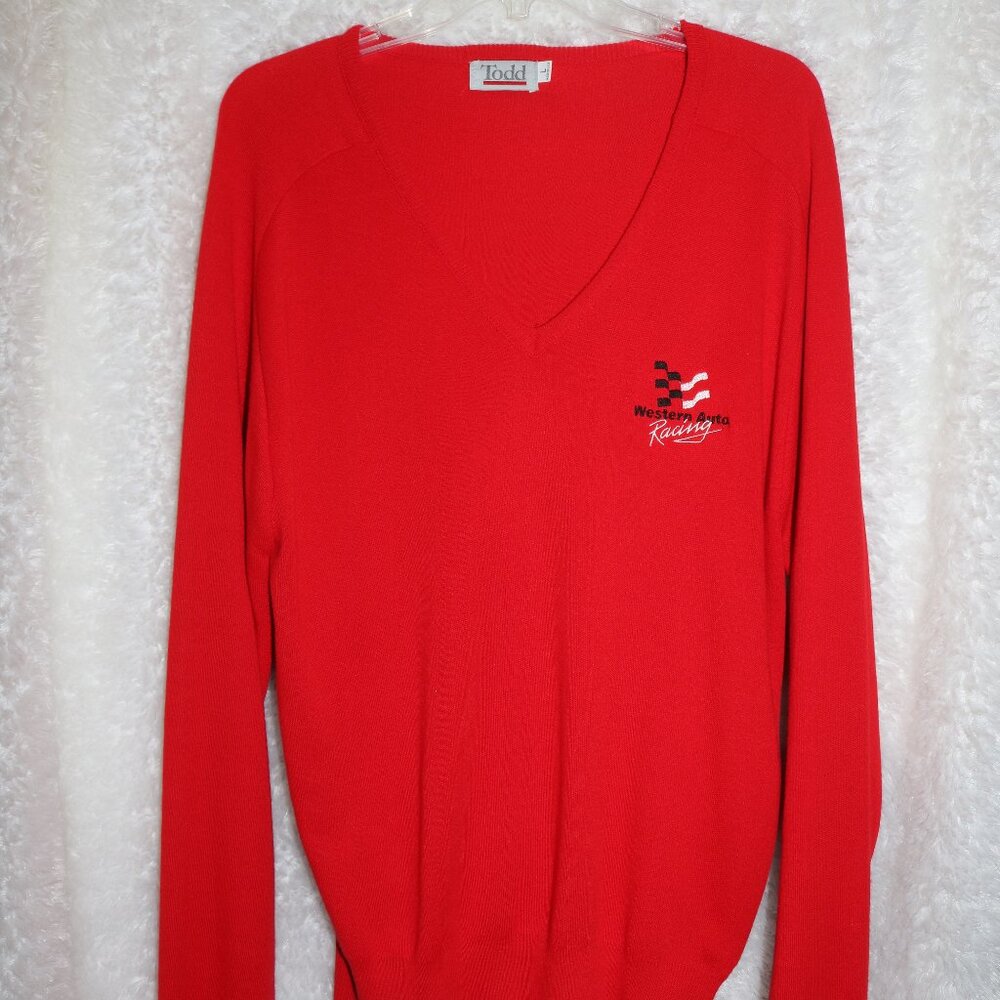 Western Auto Racing men's red vintage sweater Large v-neck